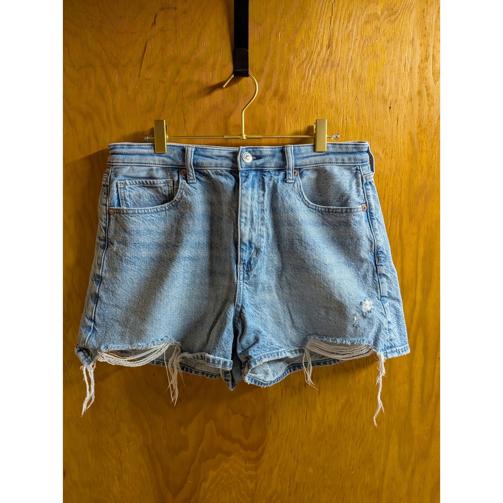 American Eagle Mom Short Light Wash Distressed High Rise Denim Jean Shorts 12